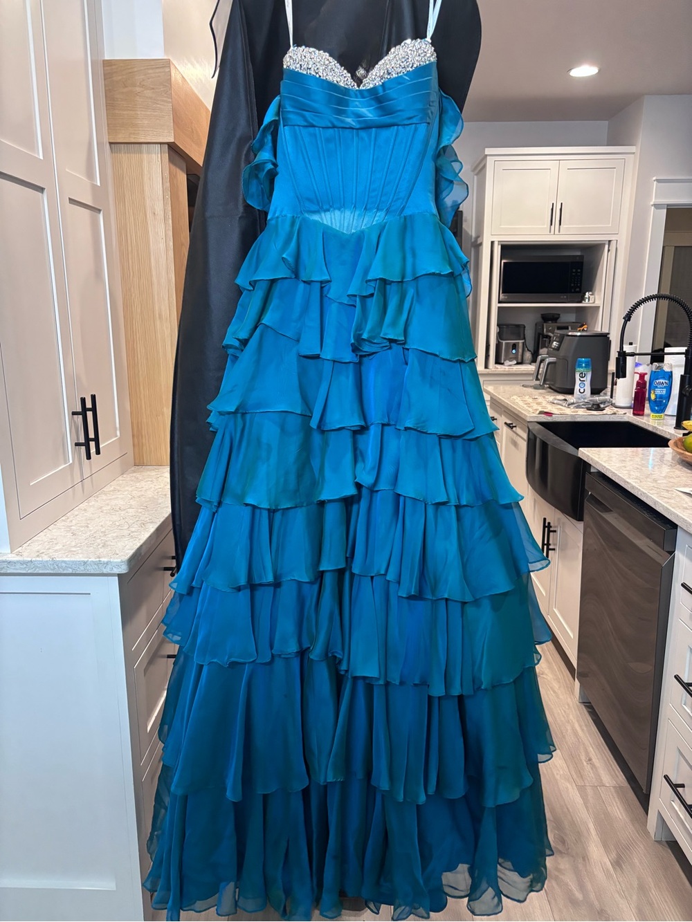 Teal Tiered Ruffle Evening Gown with Beaded Sweetheart Bodice